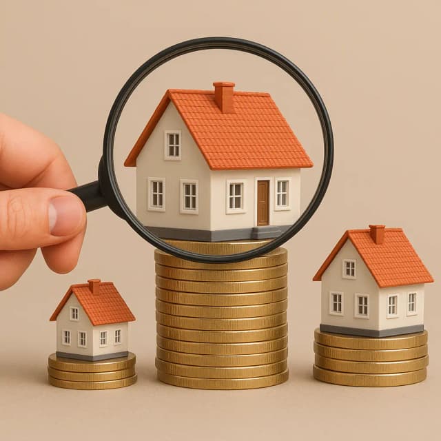 House on a stack of coins under a magnifying glass