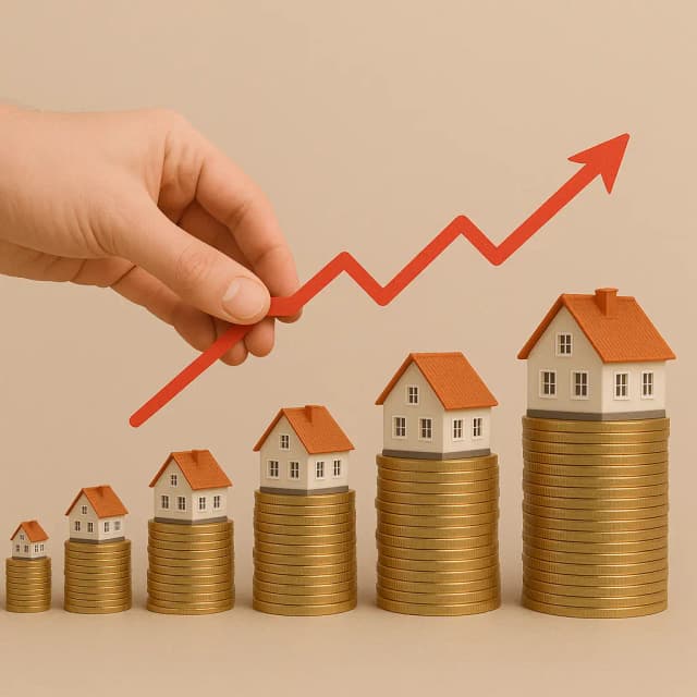 Houses on a stack of coins and line showing upward trend